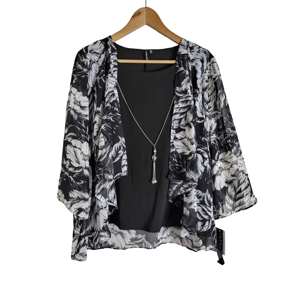 Cathy Petite Black White Floral Layered Top Cardigan Necklace Set PXL Chic